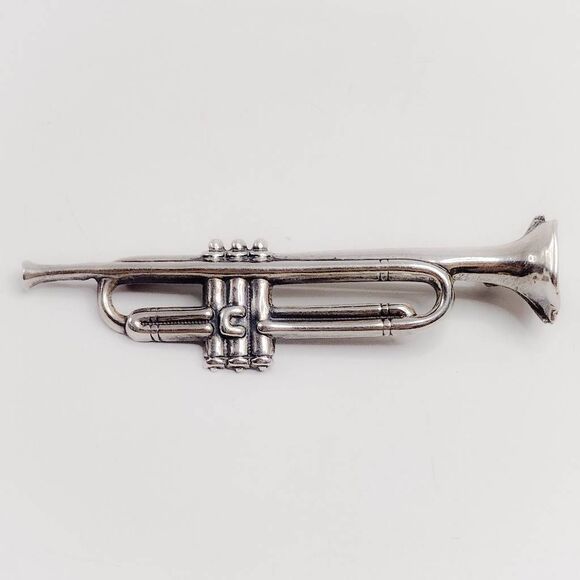 Vintage Sterling Silver Trombone Brooch Pin - Picture 1 of 3
